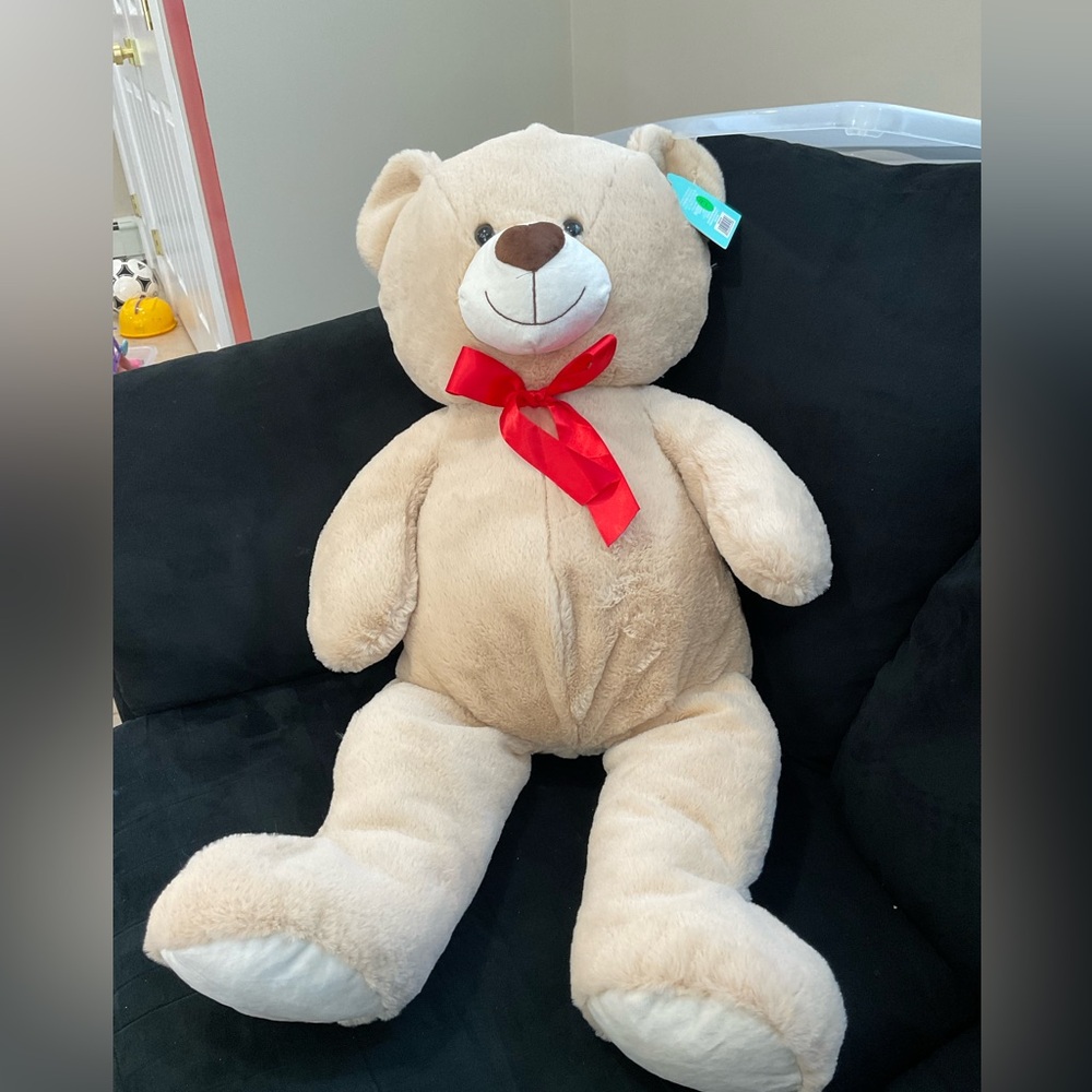 Plush Beige Teddy Bear with Red Bow - Soft Kids Toy
